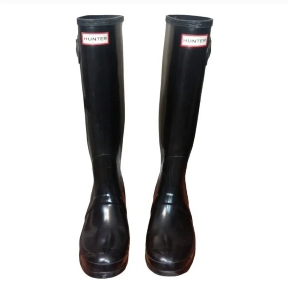 Hunter Wellies Tall Glossy Black Rain Boots Size 6